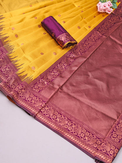 Yellow Purple Vel Traditional Silk Saree With Attached Blouse