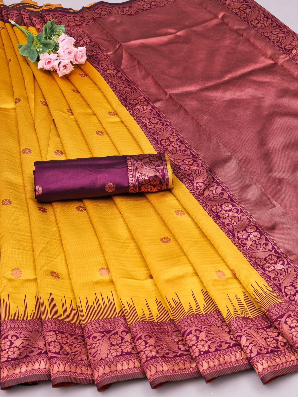 Yellow Purple Vel Traditional Silk Saree With Attached Blouse