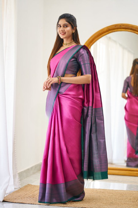 Vaishnavi Dark Pink Traditional Silk Saree With Attached Blouse