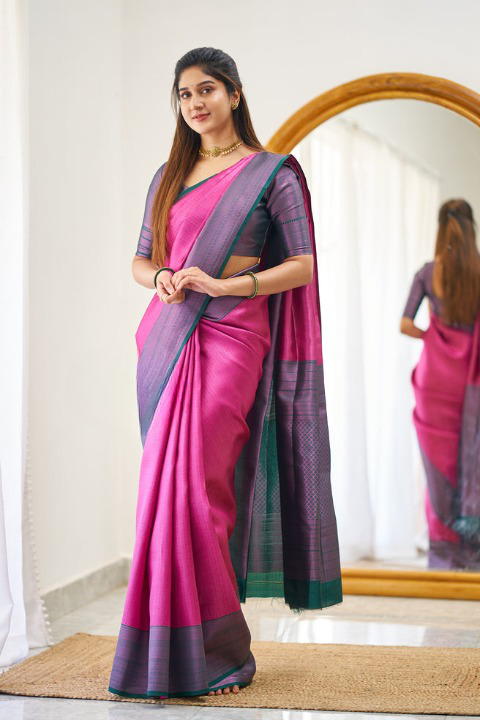 Vaishnavi Dark Pink Traditional Silk Saree With Attached Blouse