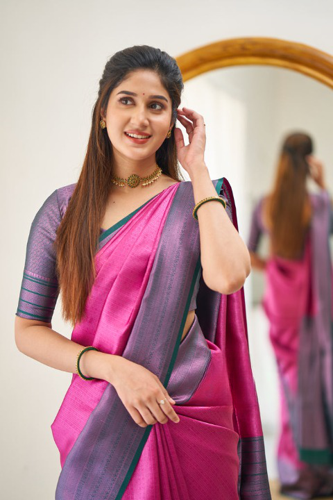 Vaishnavi Dark Pink Traditional Silk Saree With Attached Blouse