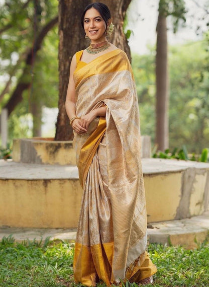 Purna Beige Traditional Silk Saree With Attached Blouse