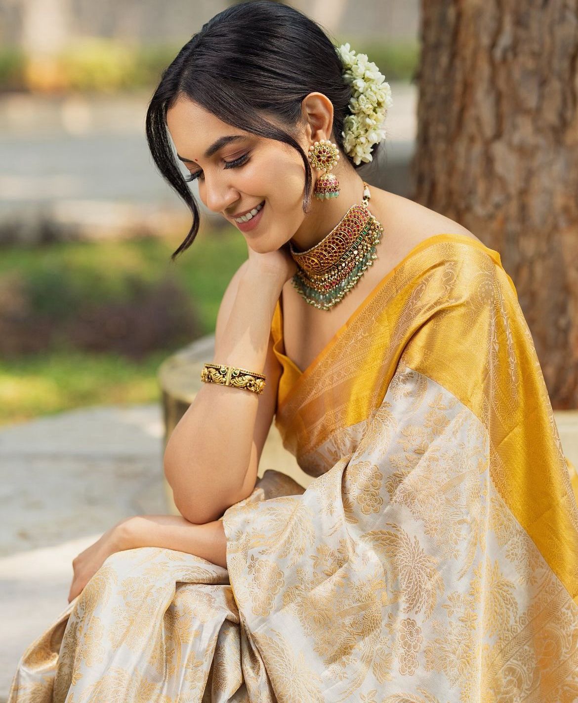 Purna Beige Traditional Silk Saree With Attached Blouse