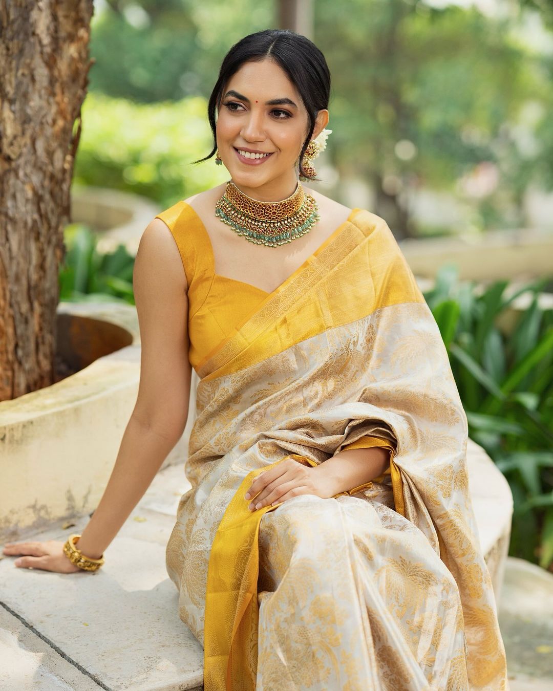 Purna Beige Traditional Silk Saree With Attached Blouse