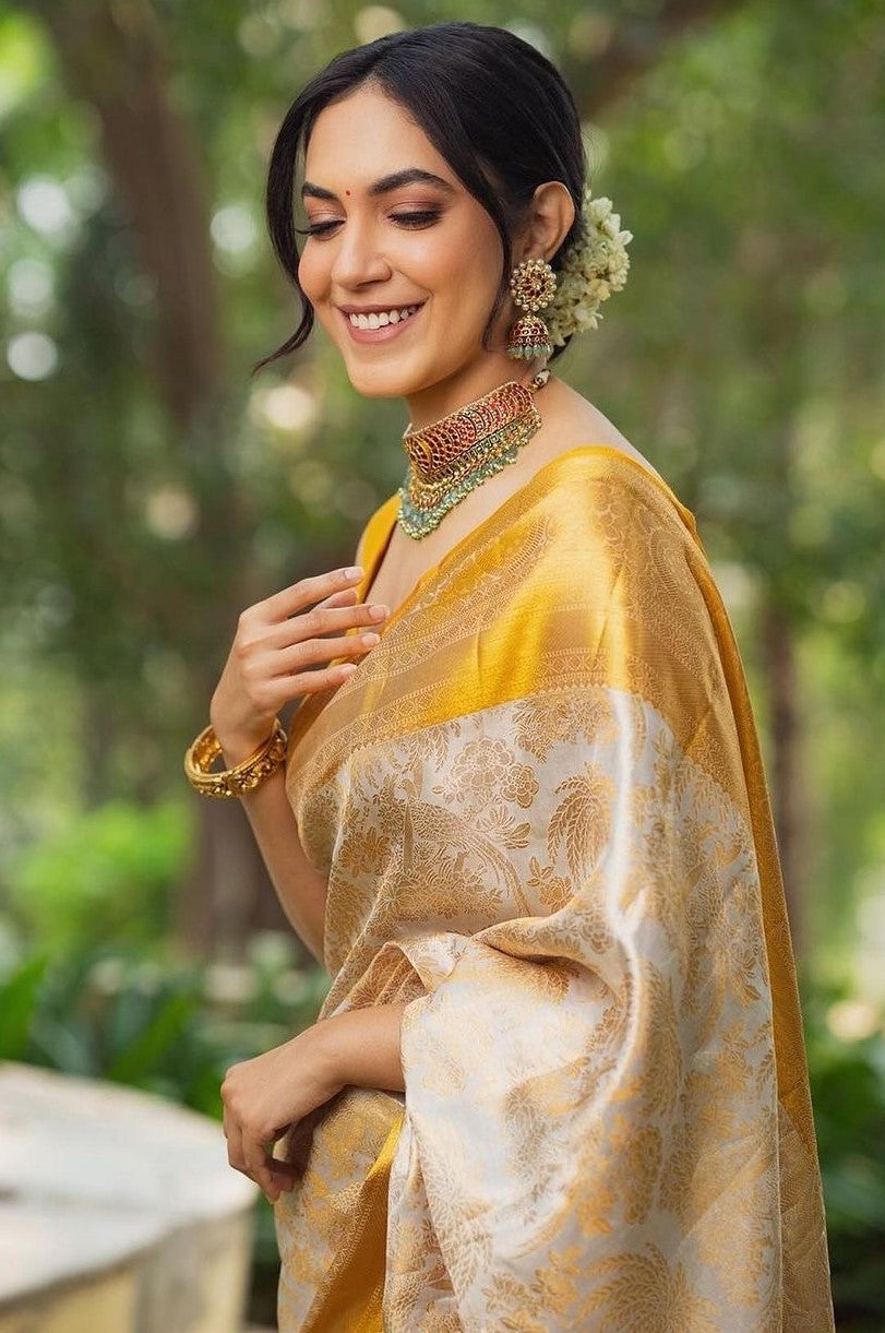 Purna Beige Traditional Silk Saree With Attached Blouse