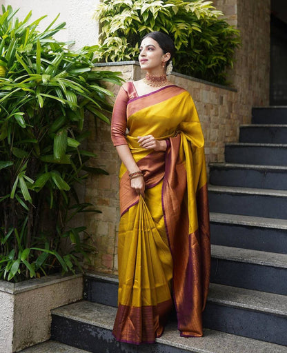 Meera Golden Traditional Silk Saree With Attached Blouse