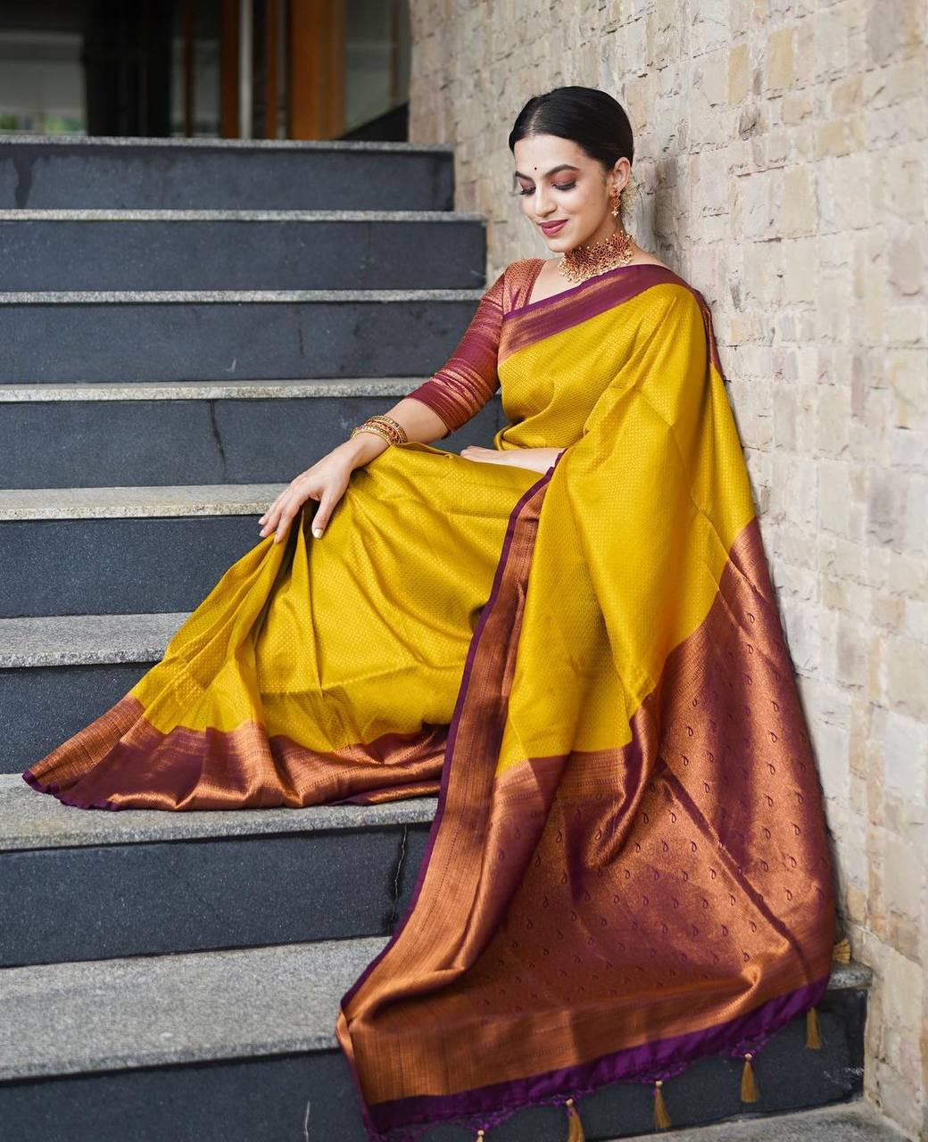 Meera Golden Traditional Silk Saree With Attached Blouse