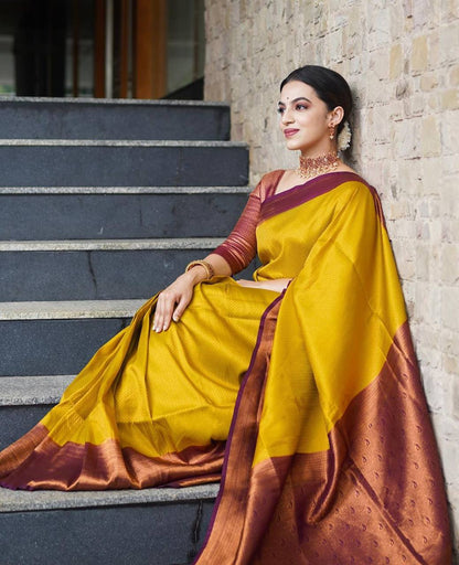 Meera Golden Traditional Silk Saree With Attached Blouse