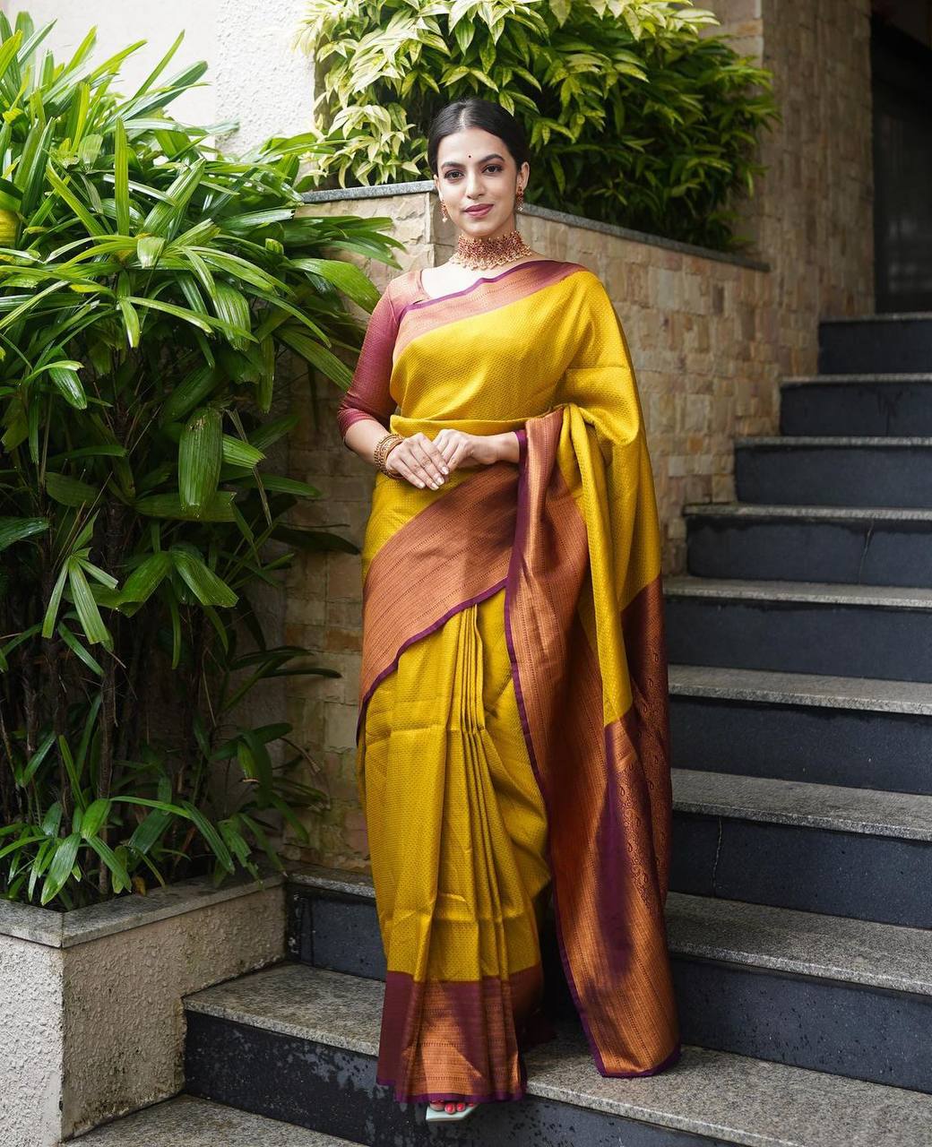 Meera Golden Traditional Silk Saree With Attached Blouse