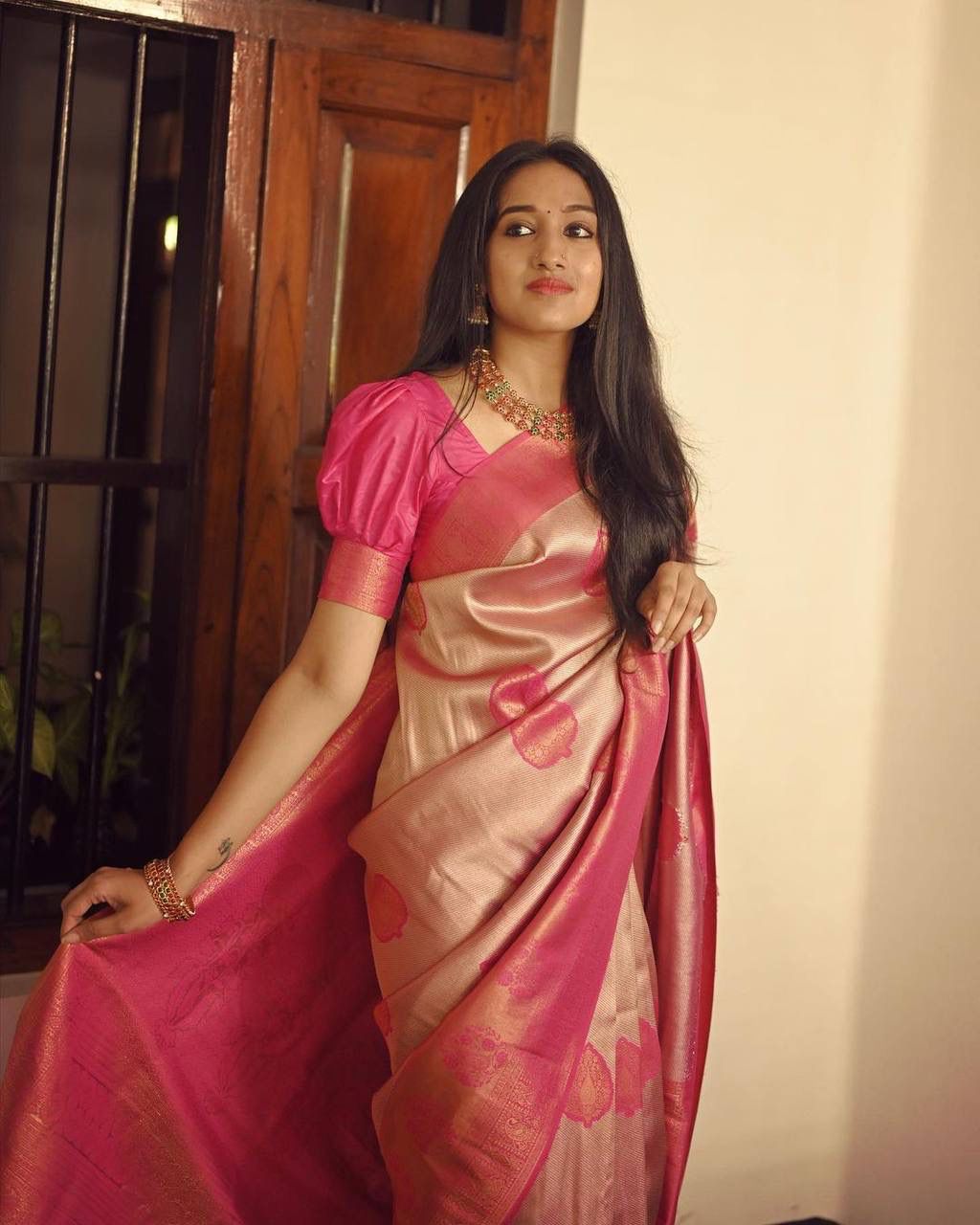 Janvi Peach Soft Silk Saree With Unique Blouse Piece