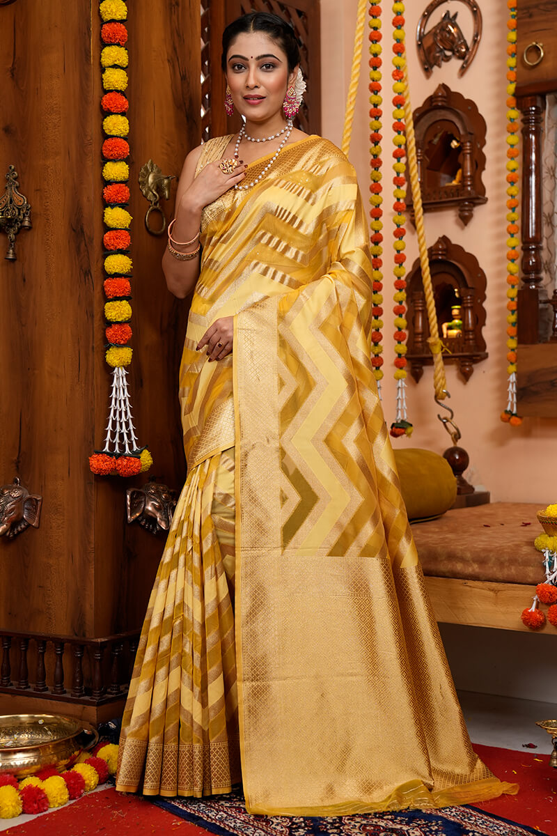 Bina Mustard Yellow Organza Silk Saree With Elegant Blouse 