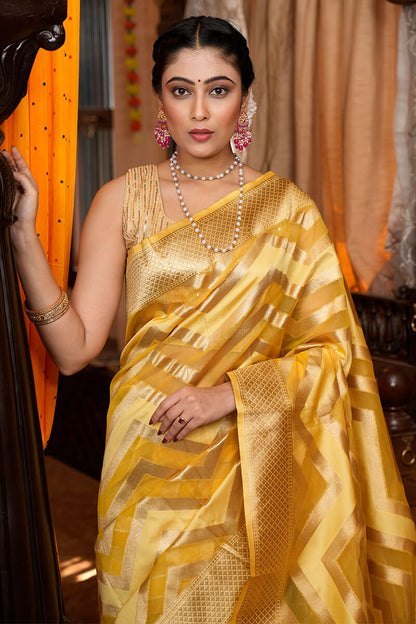 Bina Mustard Yellow Organza Silk Saree With Elegant Blouse 