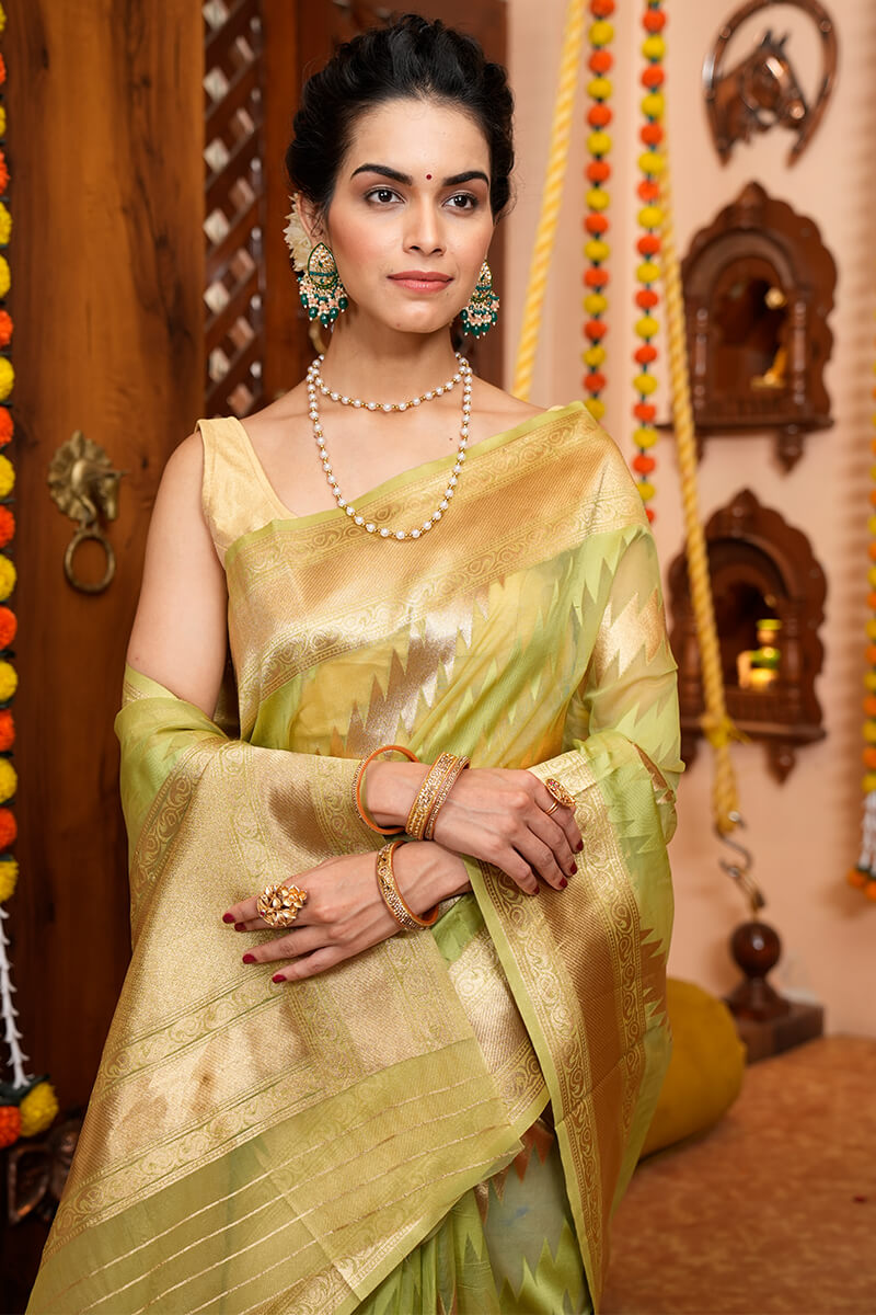 Heena Green Organza Silk Saree With Attached Blouse 