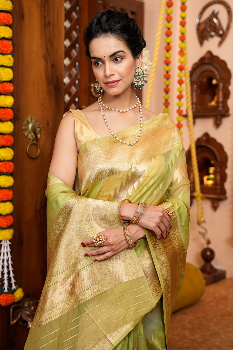 Heena Green Organza Silk Saree With Attached Blouse 