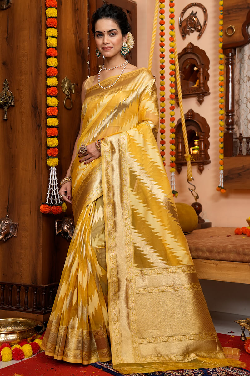 Heena Yellow Organza Silk Saree With Charming Blouse 