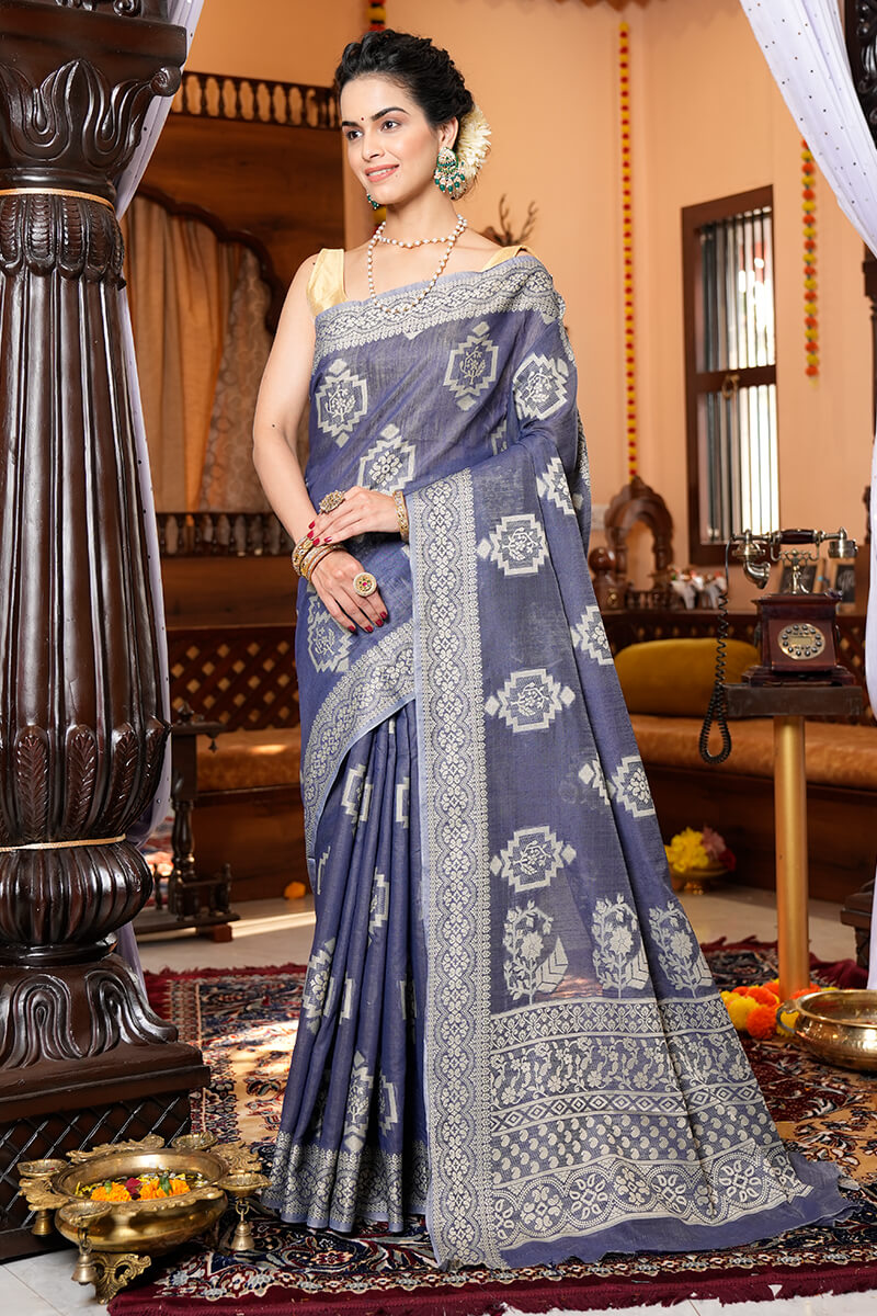 Suvidha Grey Linen Silk Saree With Attached Blouse Piece