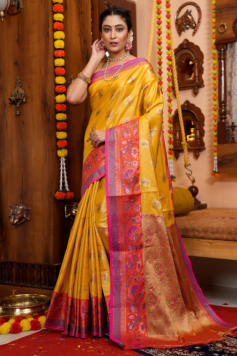 shree Yellow Soft Banarasi Silk Saree With Scintilla Blouse Piece