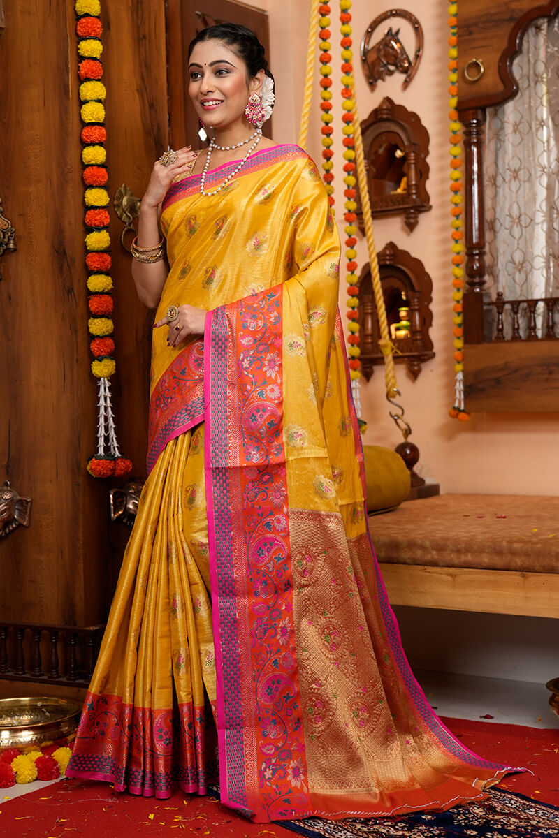 shree Yellow Soft Banarasi Silk Saree With Scintilla Blouse Piece