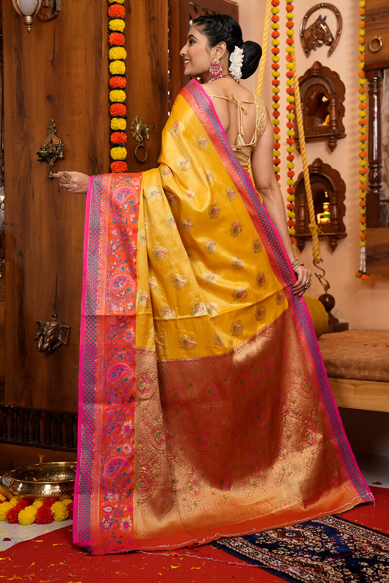 shree Yellow Soft Banarasi Silk Saree With Scintilla Blouse Piece