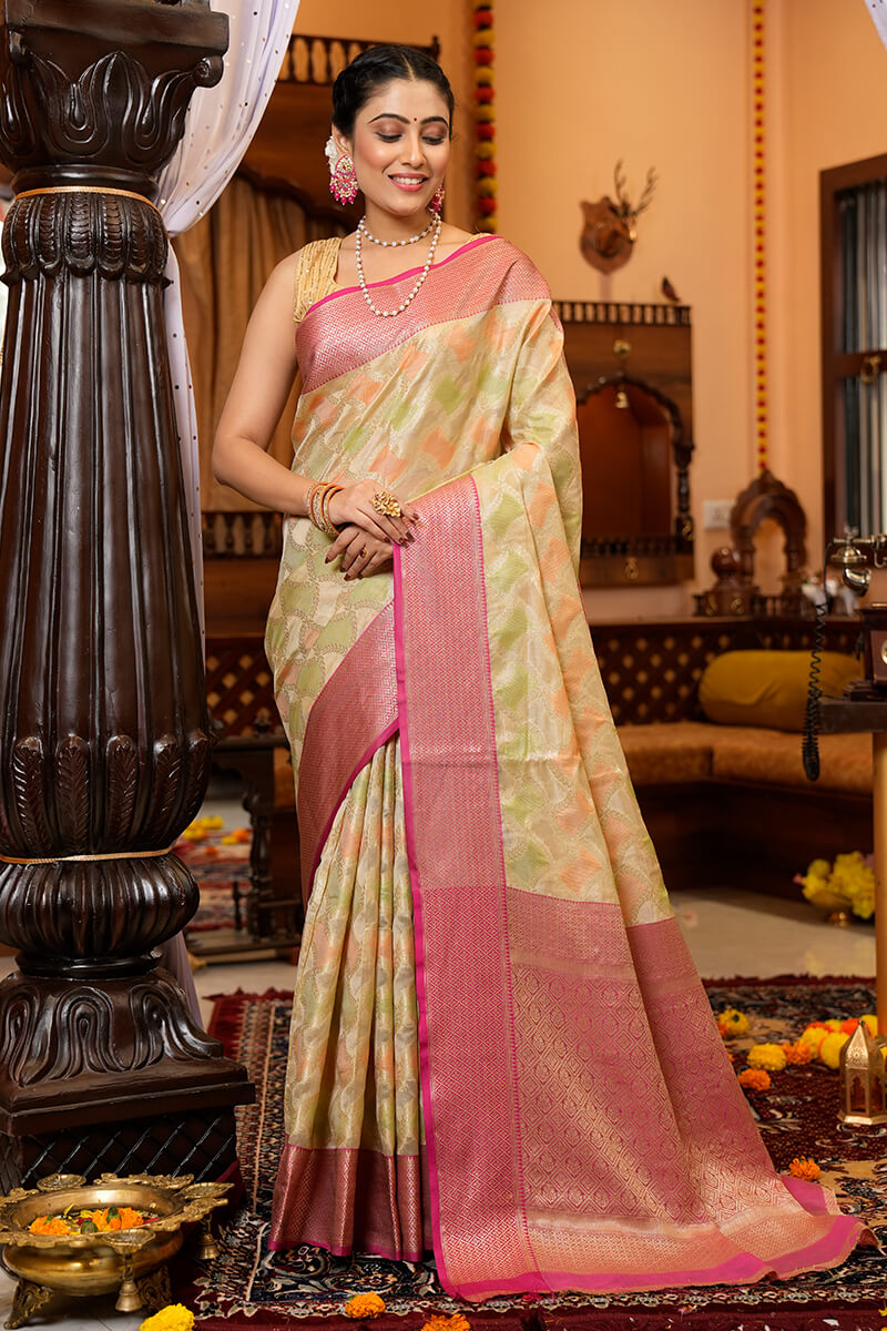 Falguni Pista Organza Silk Saree With Prodigal Blouse 