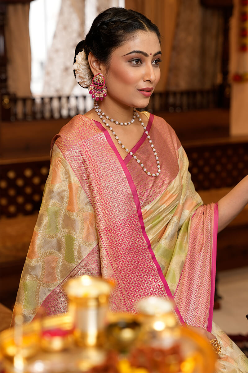 Falguni Pista Organza Silk Saree With Prodigal Blouse 