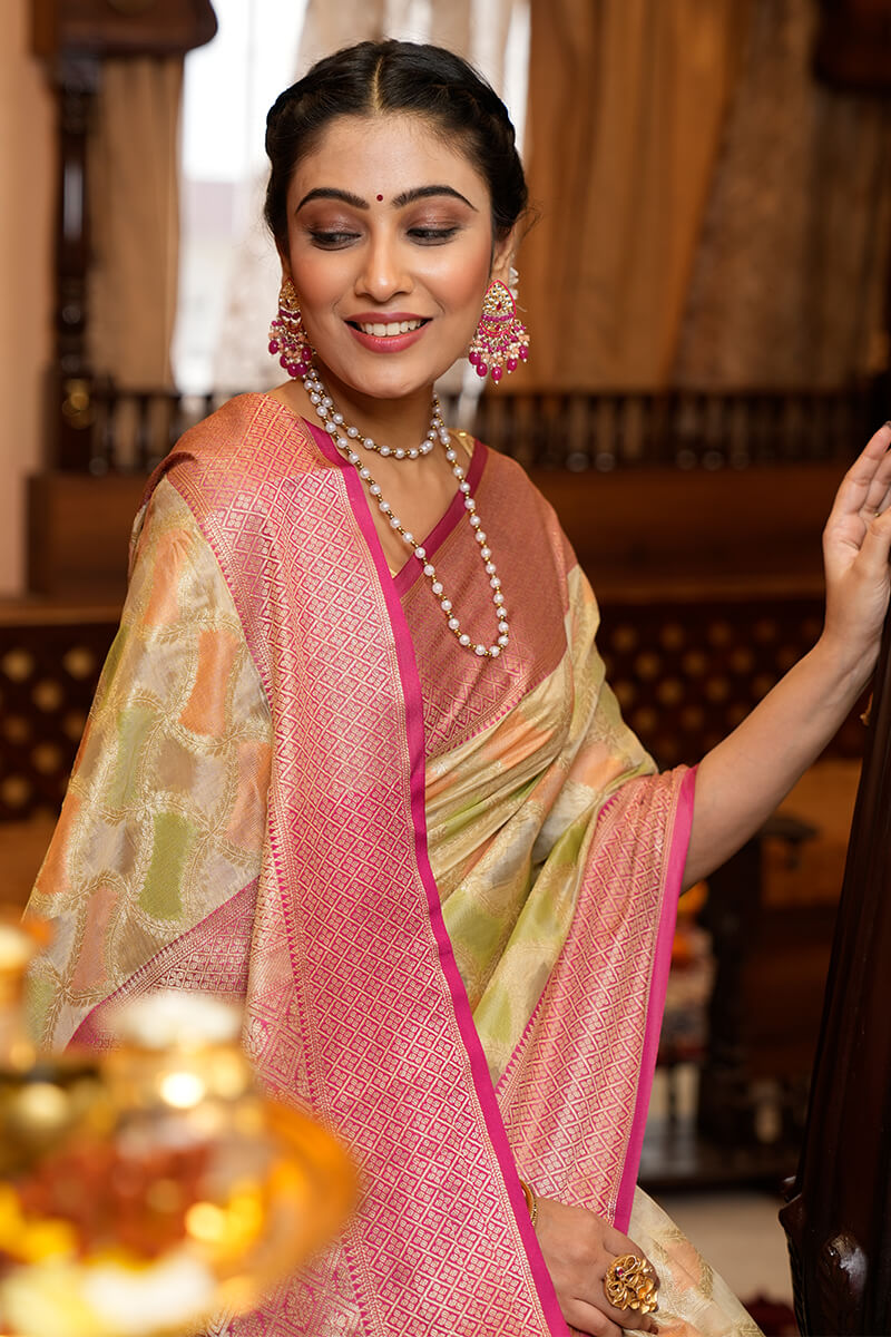 Falguni Pista Organza Silk Saree With Prodigal Blouse 