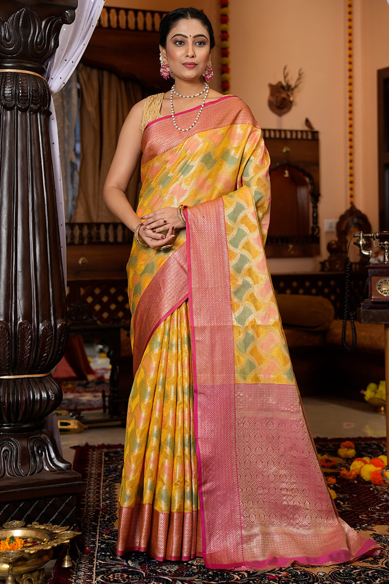 Rahi Yellow Organza Silk Saree With Glittering Blouse 