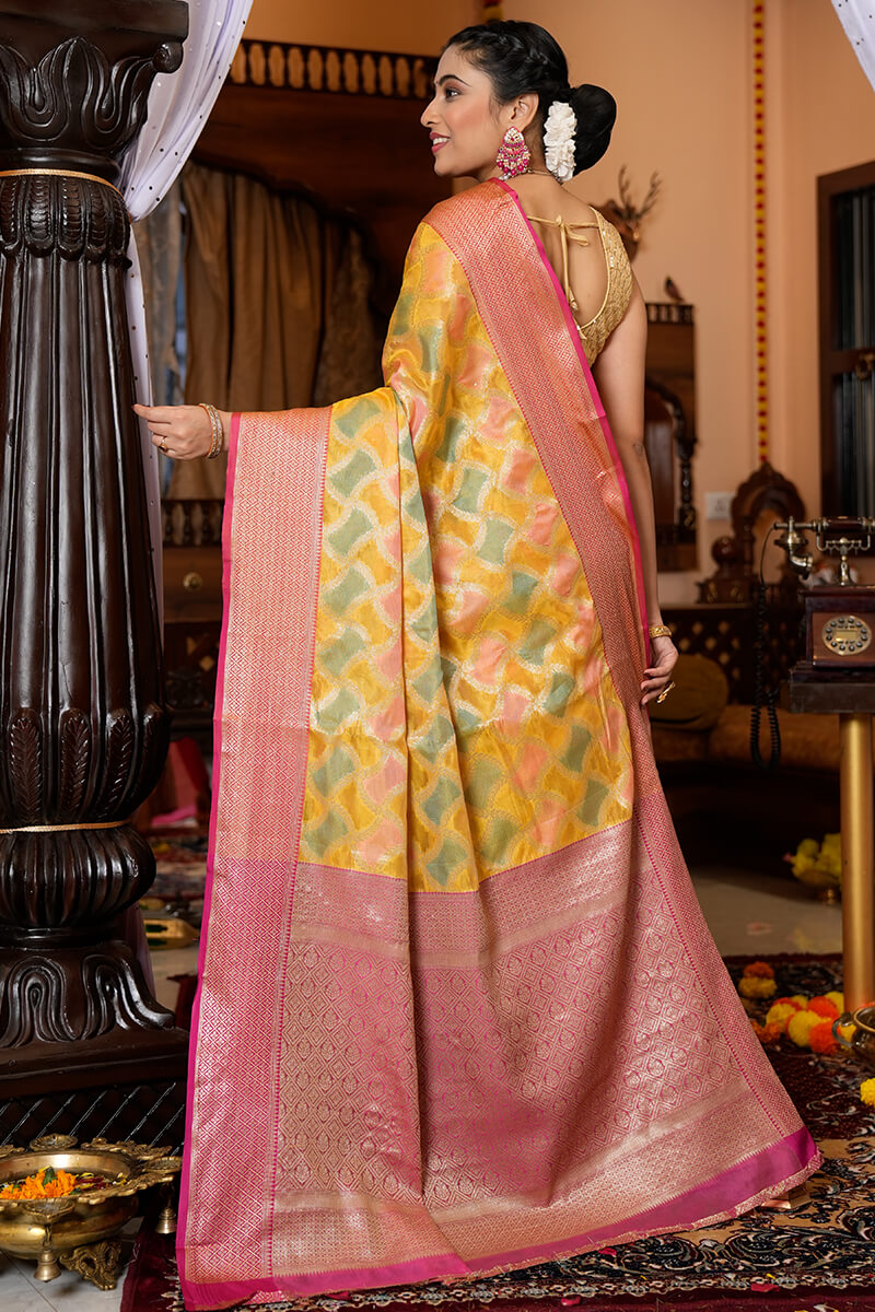 Rahi Yellow Organza Silk Saree With Glittering Blouse 