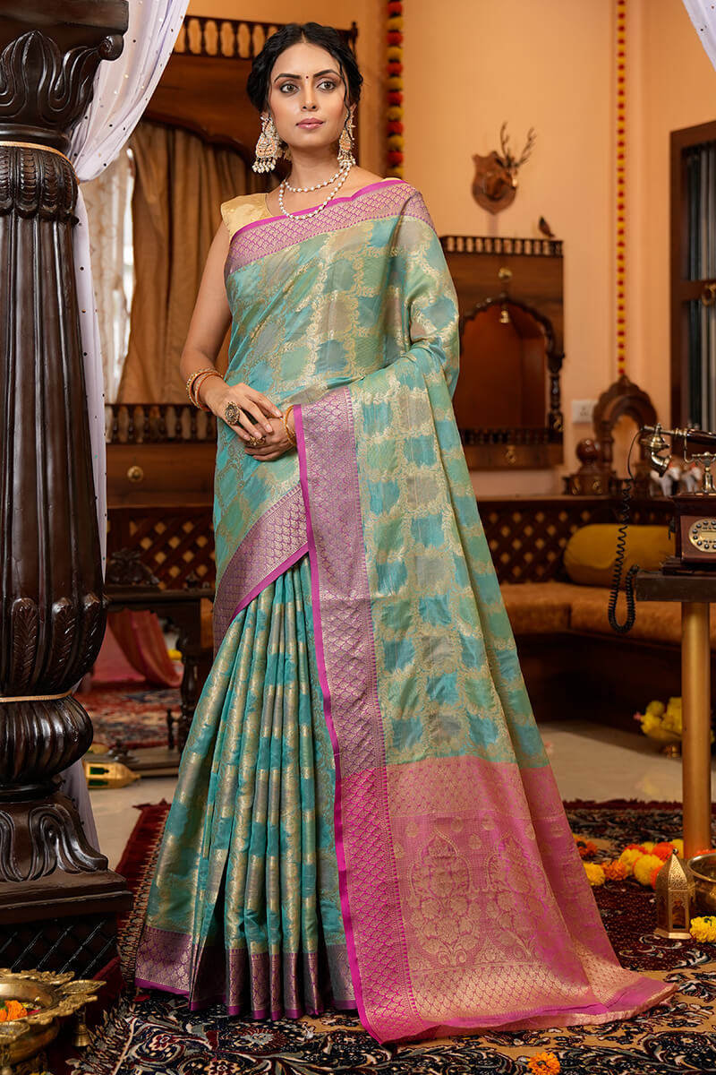 SIta Firozi Organza Silk Saree With Exquisite Blouse Piece