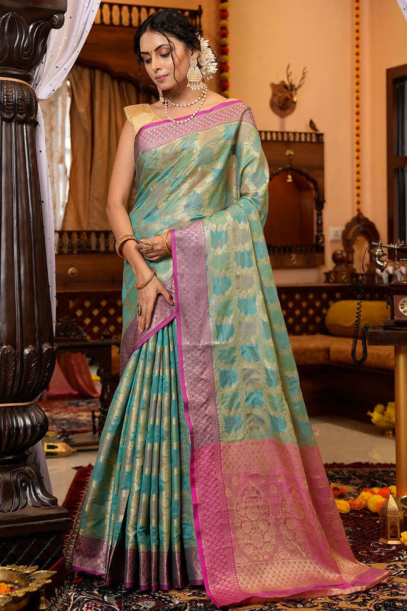 SIta Firozi Organza Silk Saree With Exquisite Blouse Piece