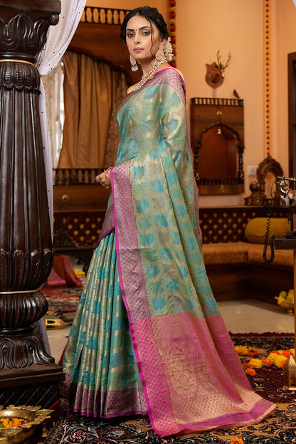 SIta Firozi Organza Silk Saree With Exquisite Blouse Piece