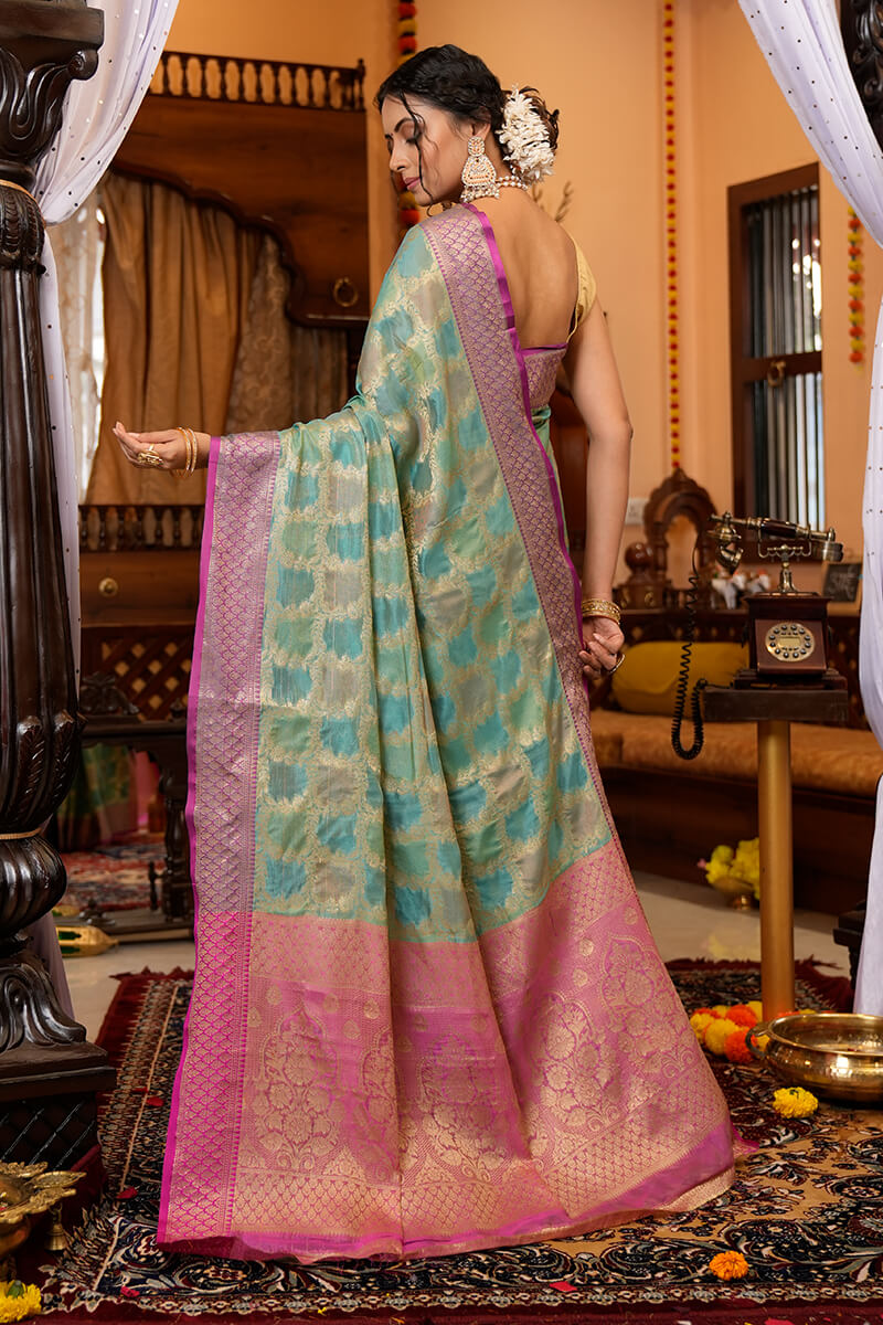 SIta Firozi Organza Silk Saree With Exquisite Blouse Piece