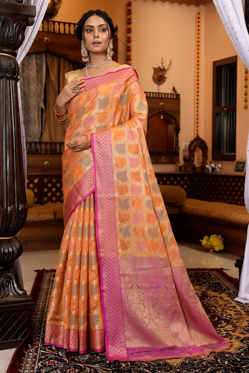 Rahi Orange Organza Silk Saree With Attached Blouse 