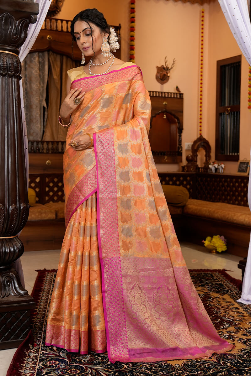 Rahi Orange Organza Silk Saree With Attached Blouse