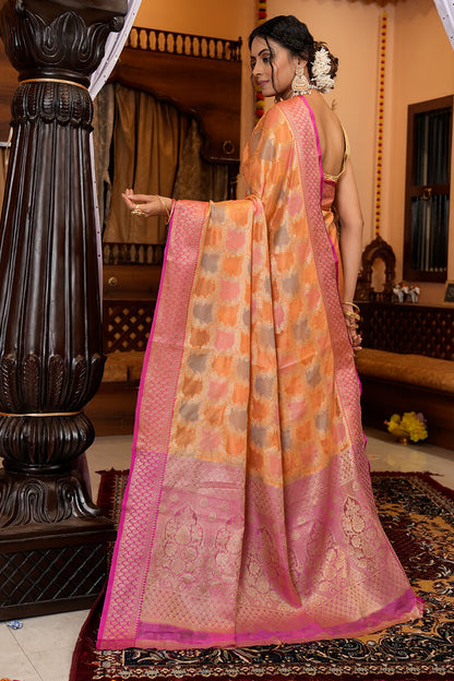 Rahi Orange Organza Silk Saree With Attached Blouse