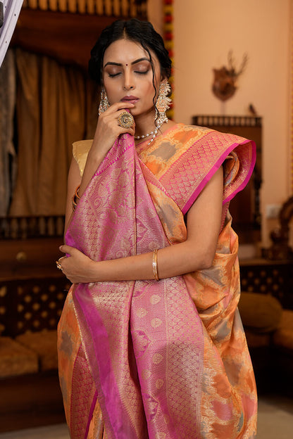 Rahi Orange Organza Silk Saree With Attached Blouse