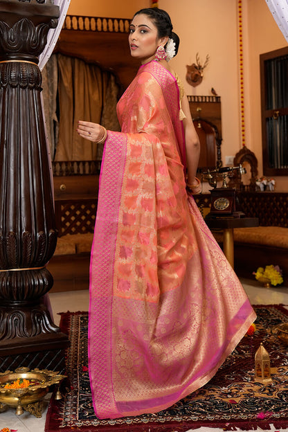 Bela Pink Organza Silk Saree With Attached Blouse Piece