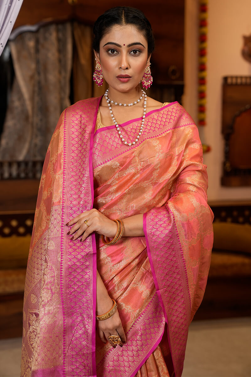 Bela Pink Organza Silk Saree With Attached Blouse Piece