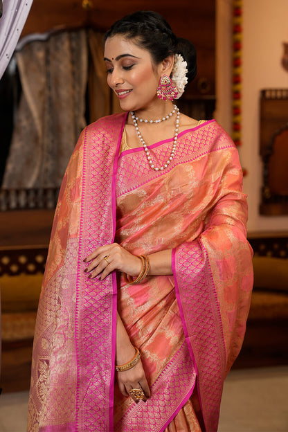 Bela Pink Organza Silk Saree With Attached Blouse Piece