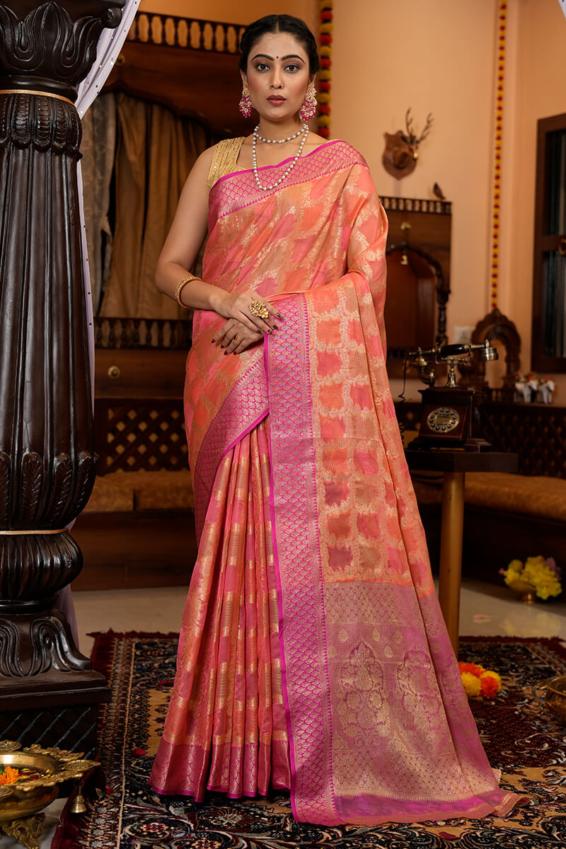 Bela Pink Organza Silk Saree With Attached Blouse Piece