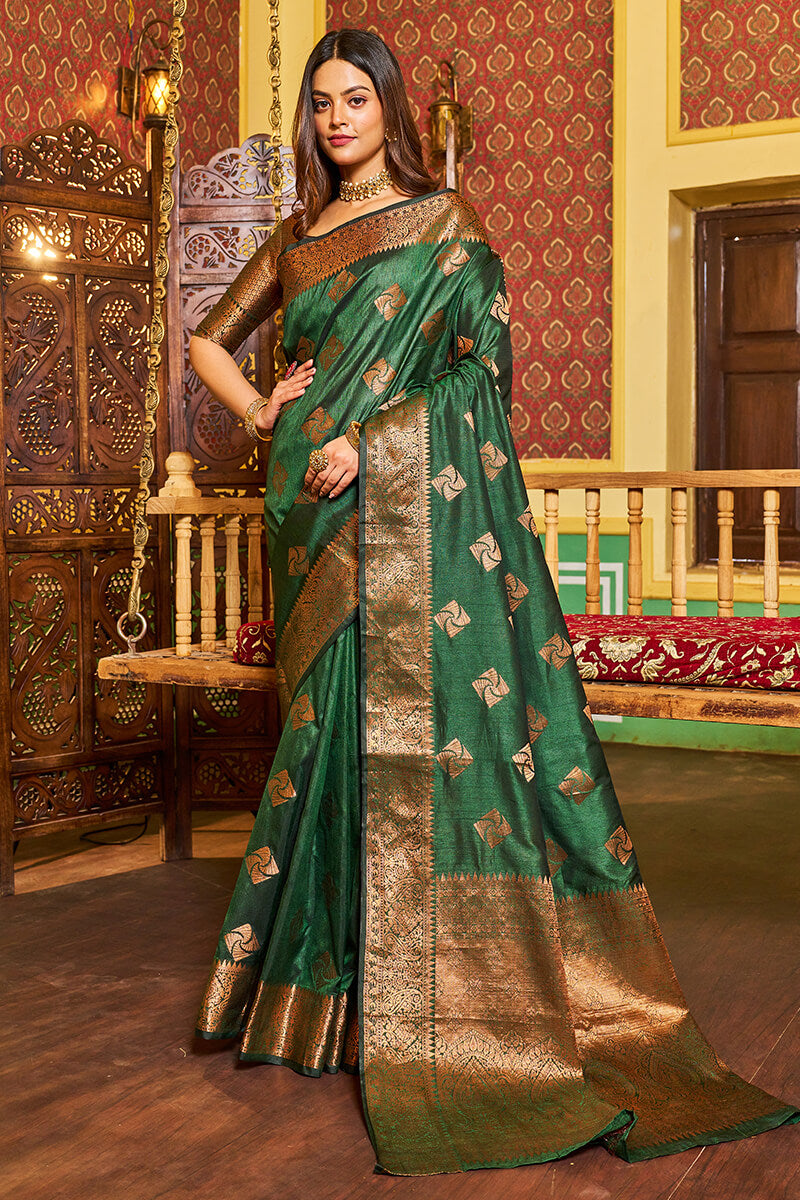 Rani Dark Green Soft Banarasi Silk Saree With Gratifying Blouse Piece