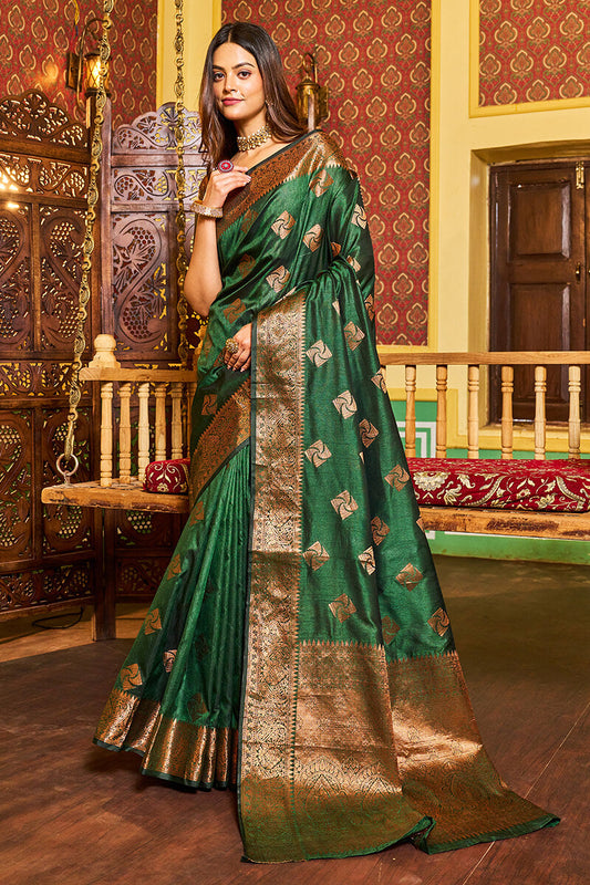 Rani Dark Green Soft Banarasi Silk Saree With Gratifying Blouse Piece