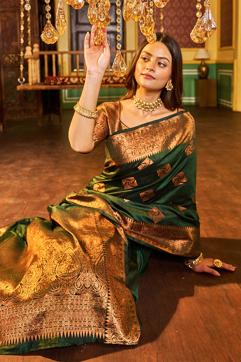 Rani Dark Green Soft Banarasi Silk Saree With Gratifying Blouse Piece