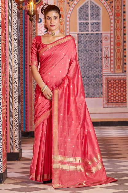 Fiona Red Linen Cotton Silk Saree With Attached Blouse 