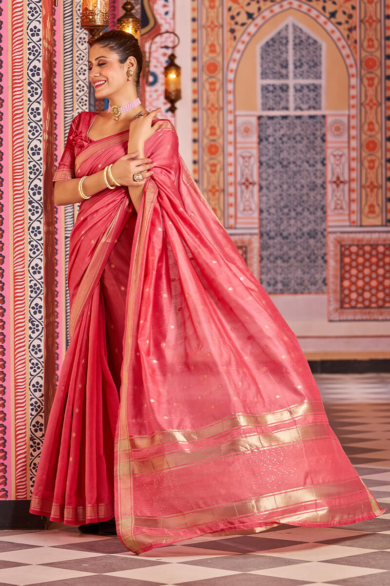 Fiona Red Linen Cotton Silk Saree With Attached Blouse 