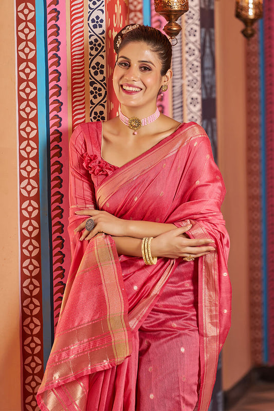 Fiona Red Linen Cotton Silk Saree With Attached Blouse 