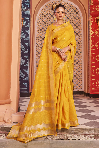 FIona Yellow Linen Cotton Silk Saree With Glorious Blouse 