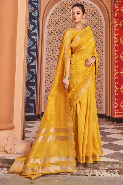 FIona Yellow Linen Cotton Silk Saree With Glorious Blouse 