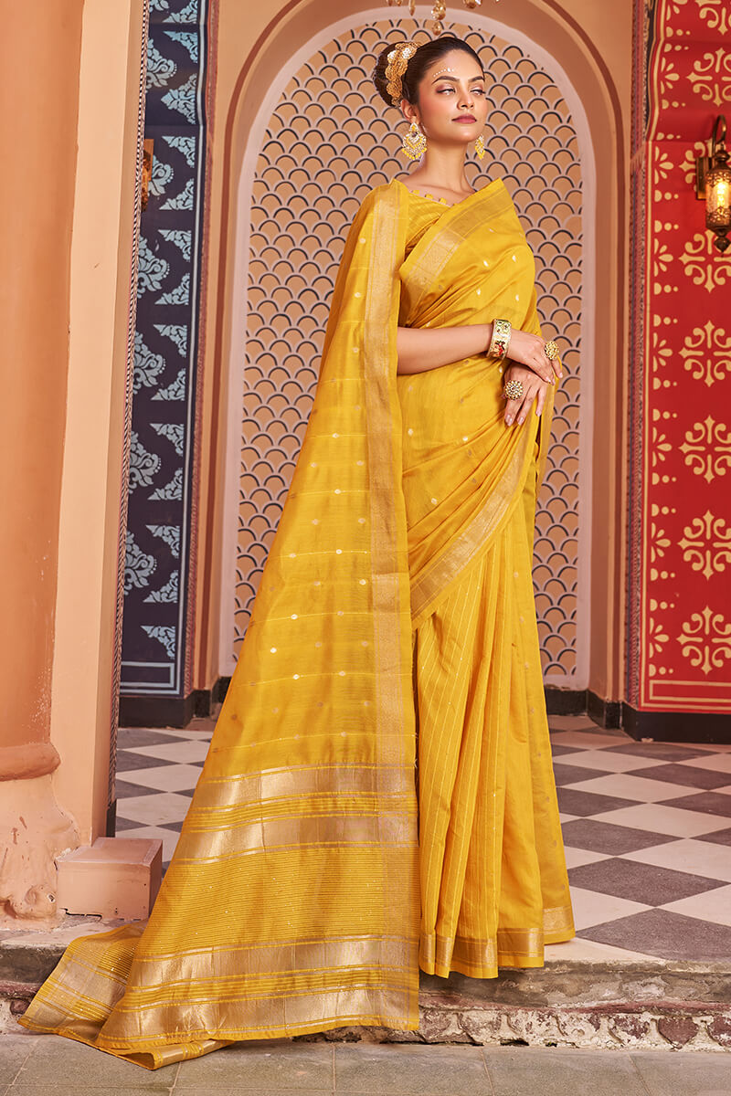 FIona Yellow Linen Cotton Silk Saree With Glorious Blouse 