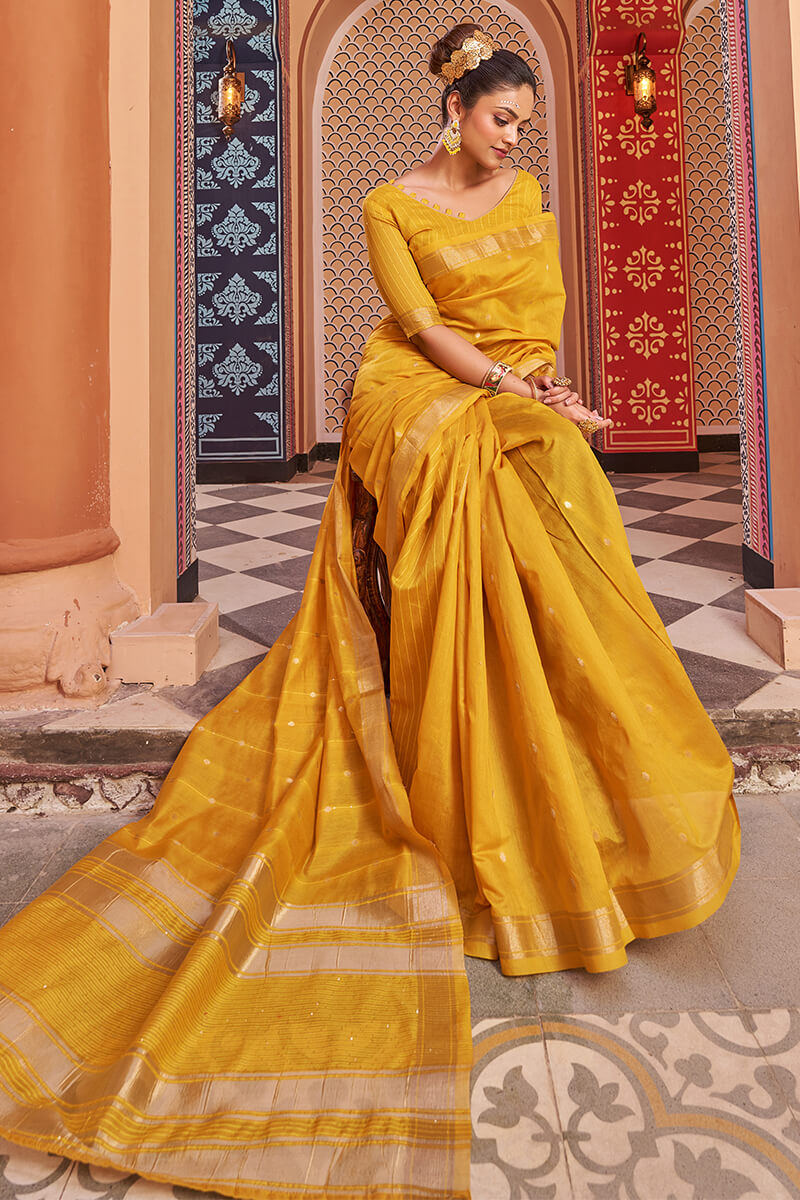 FIona Yellow Linen Cotton Silk Saree With Glorious Blouse 